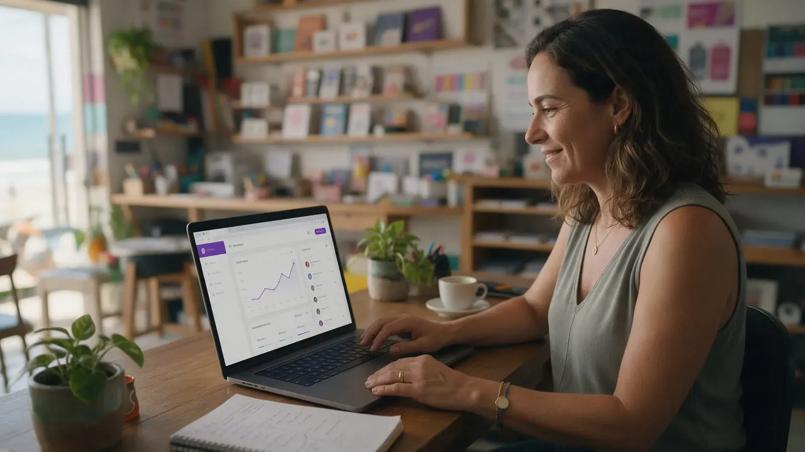 Dona de pequena empresa revisando no notebook os indicadores do site e dos contatos do mês