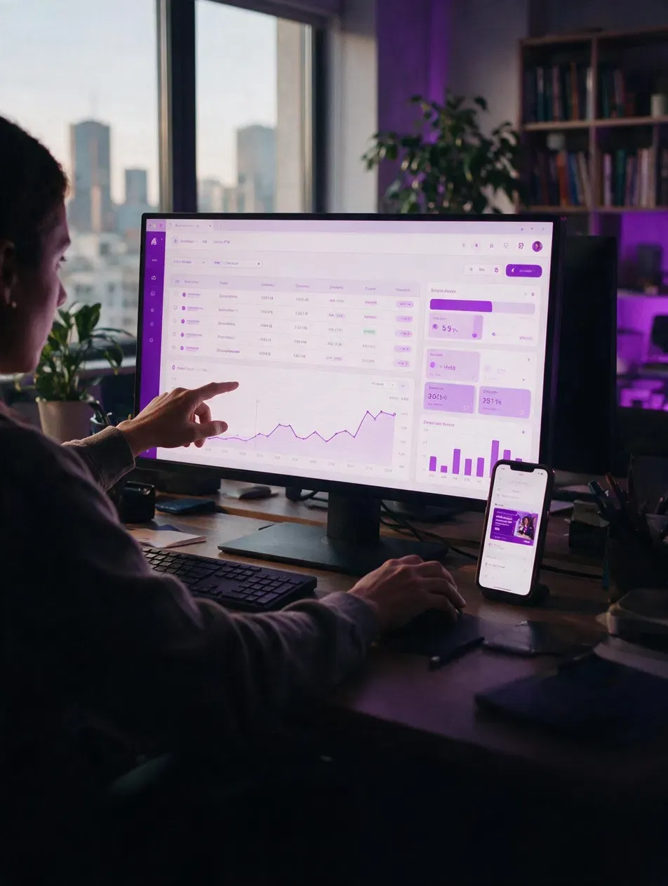 Profissional acompanhando painel de campanha em monitor, com celular ao lado, em ambiente com luz violeta