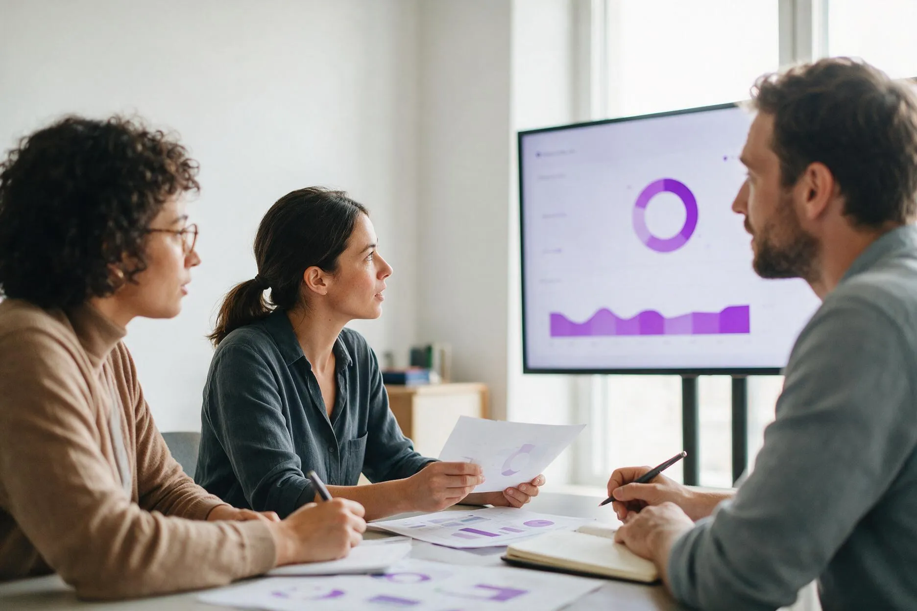 Equipe em reunião analisando painel de dados com indicadores em tela