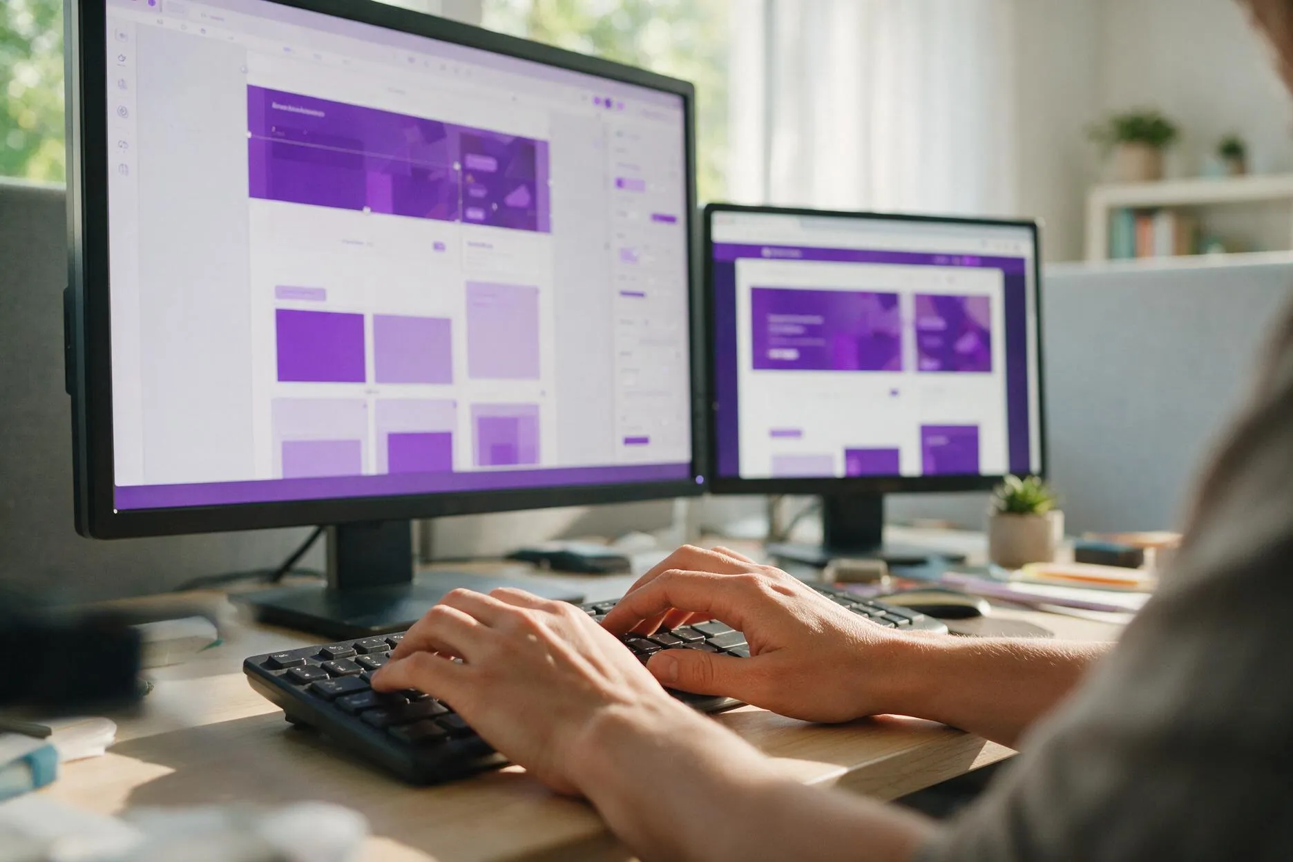 Profissional trabalhando em dois monitores com interface de construção de páginas e sites